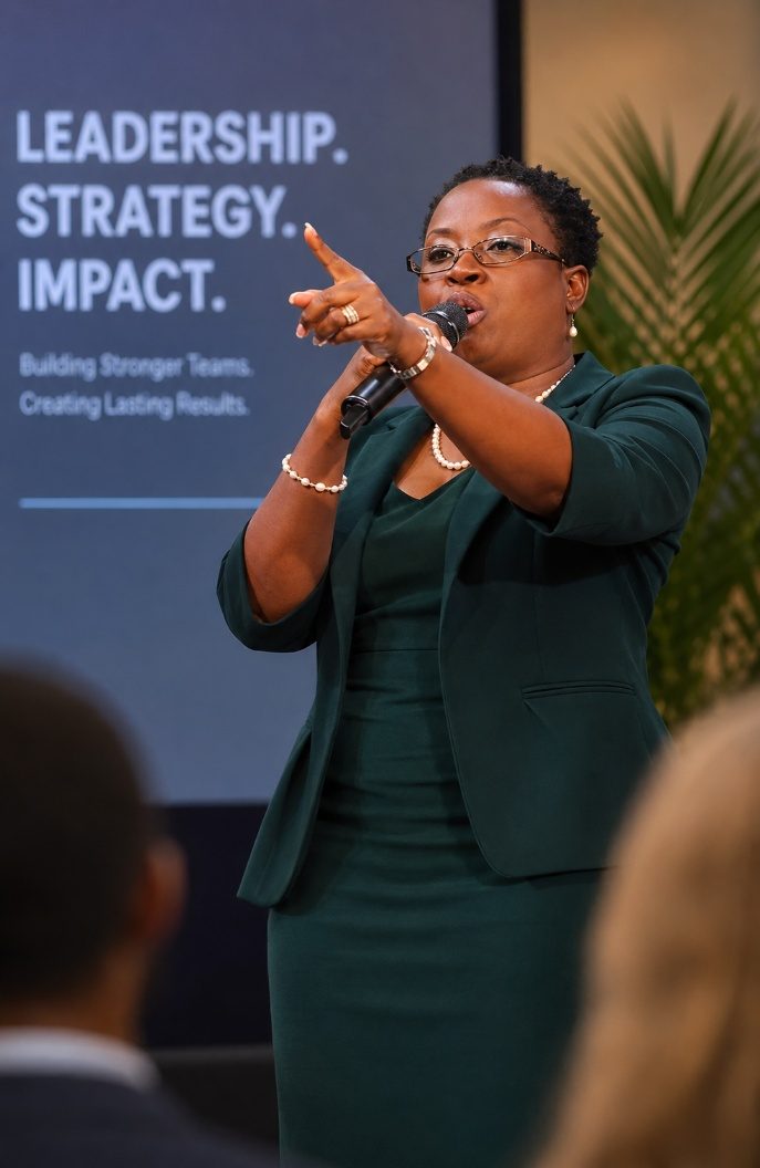 Stacy-Ann Pacheco speaking at a leadership event