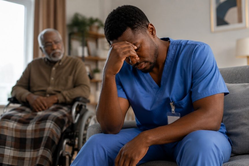 A weary healthcare worker taking a moment for themselves